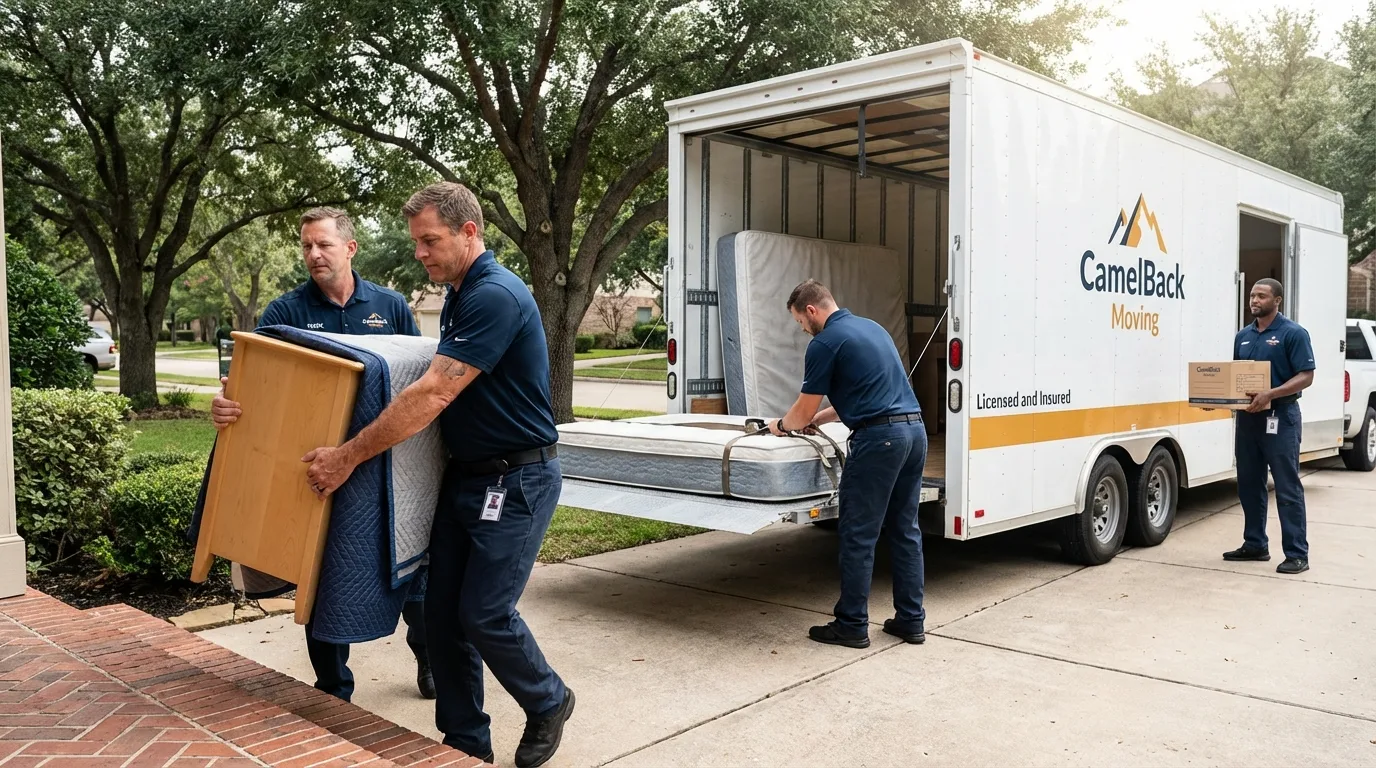 Crew loading residential truck for cross-state move from Missouri City, TX