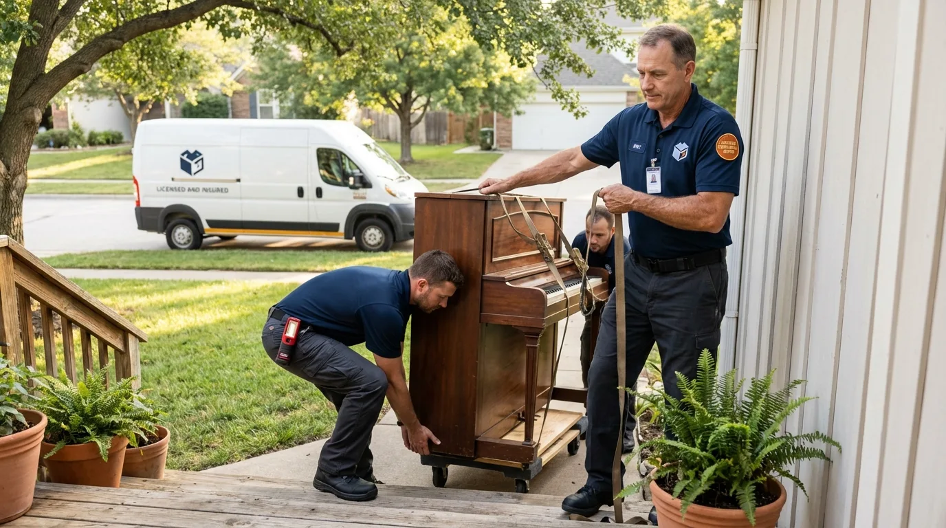 Licensed piano movers securing grand piano in Missouri City, TX