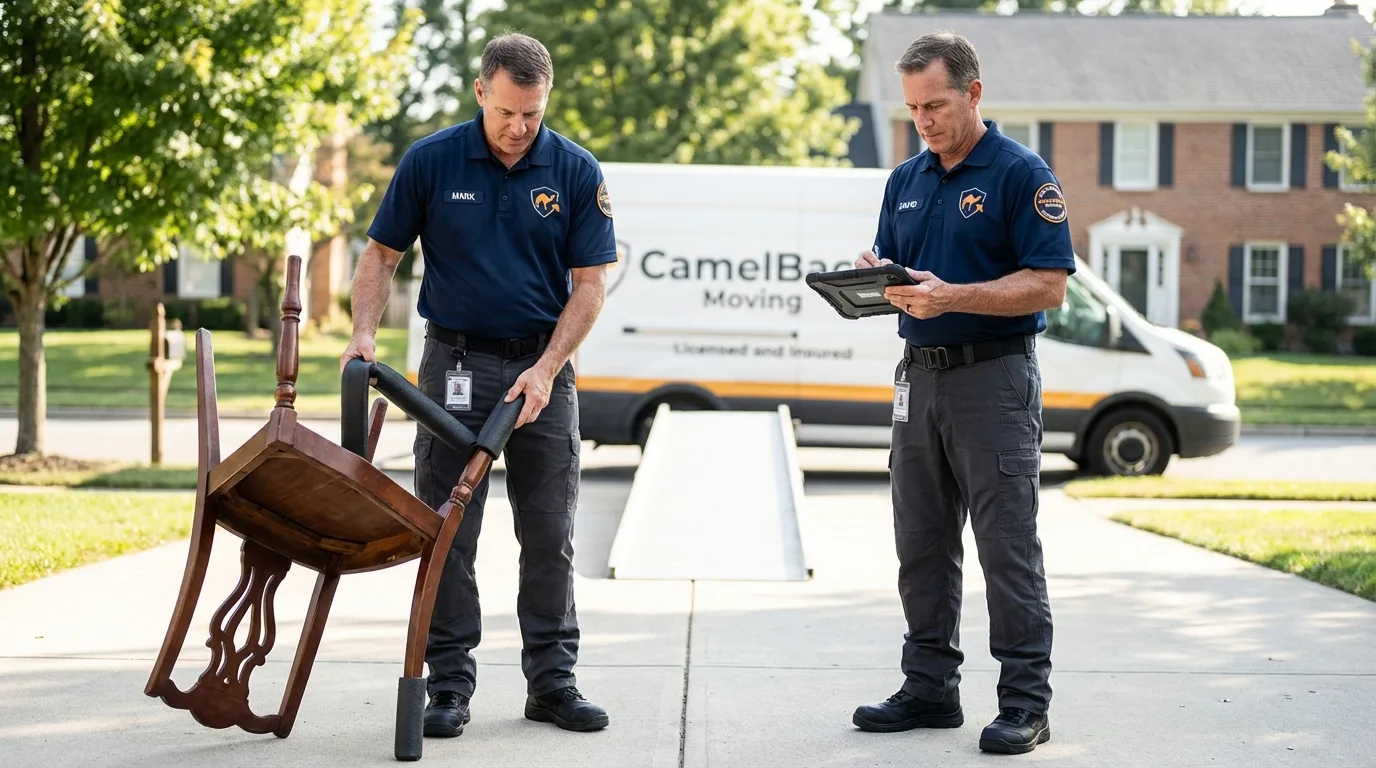 Movers inspecting furniture for damage prevention before loading in Missouri City, TX
