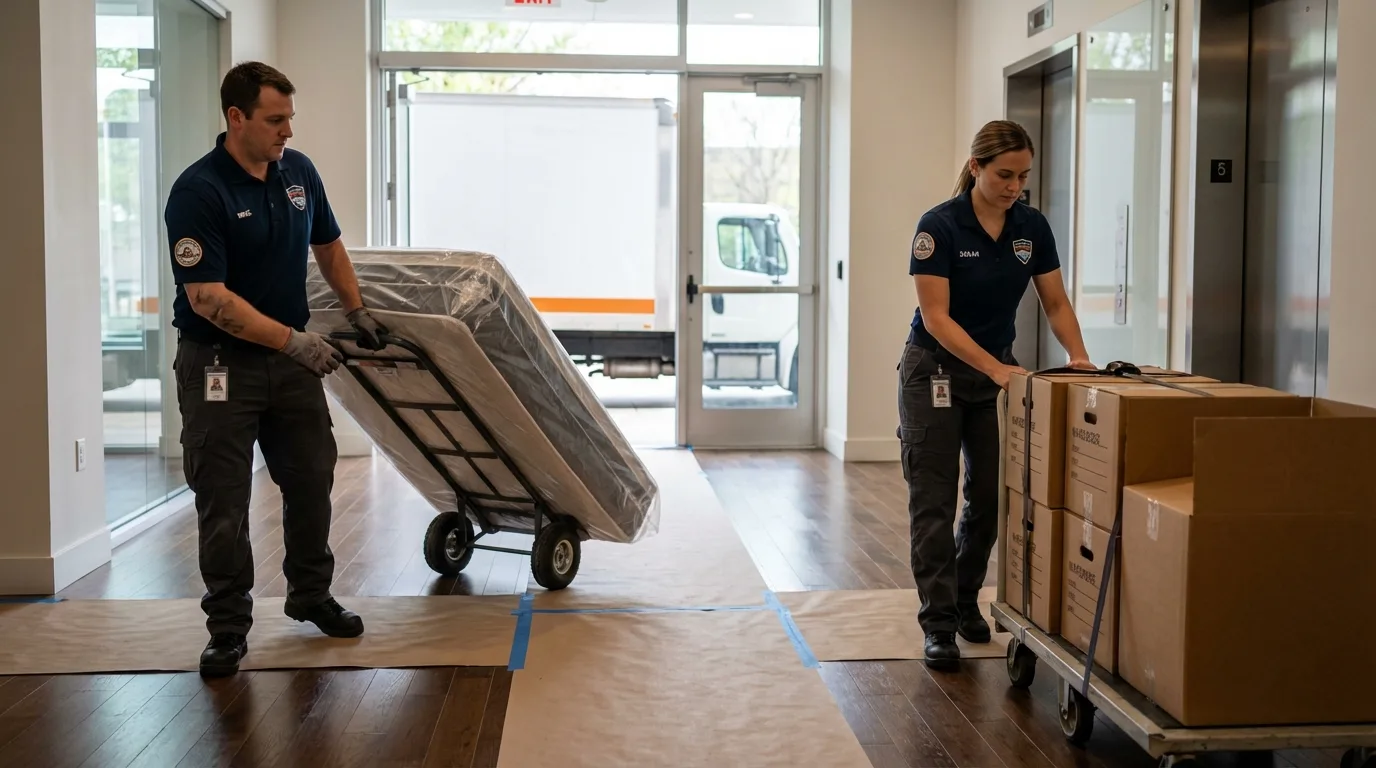 Professional apartment movers loading elevator in Missouri City, TX
