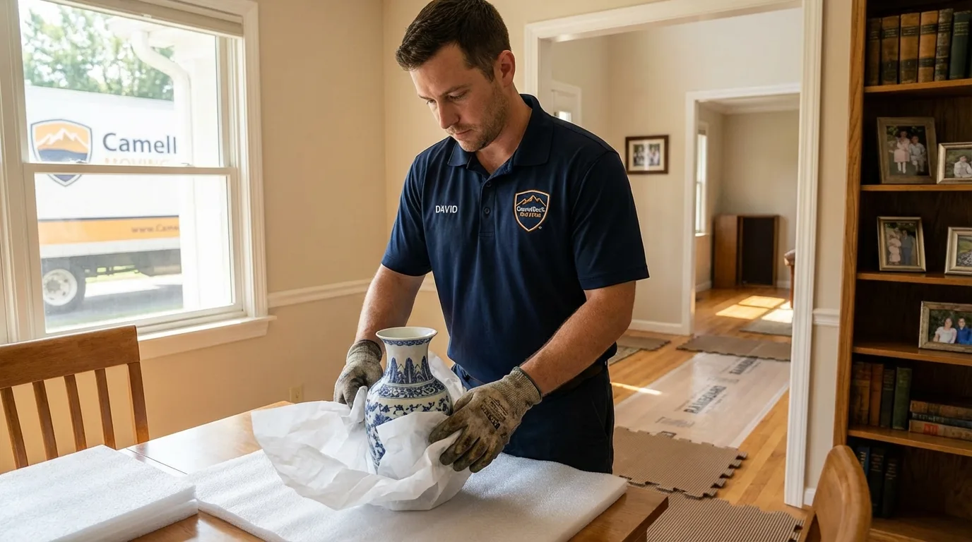 Professional crew carefully wrapping antique vase for senior downsizing move in Missouri City, TX